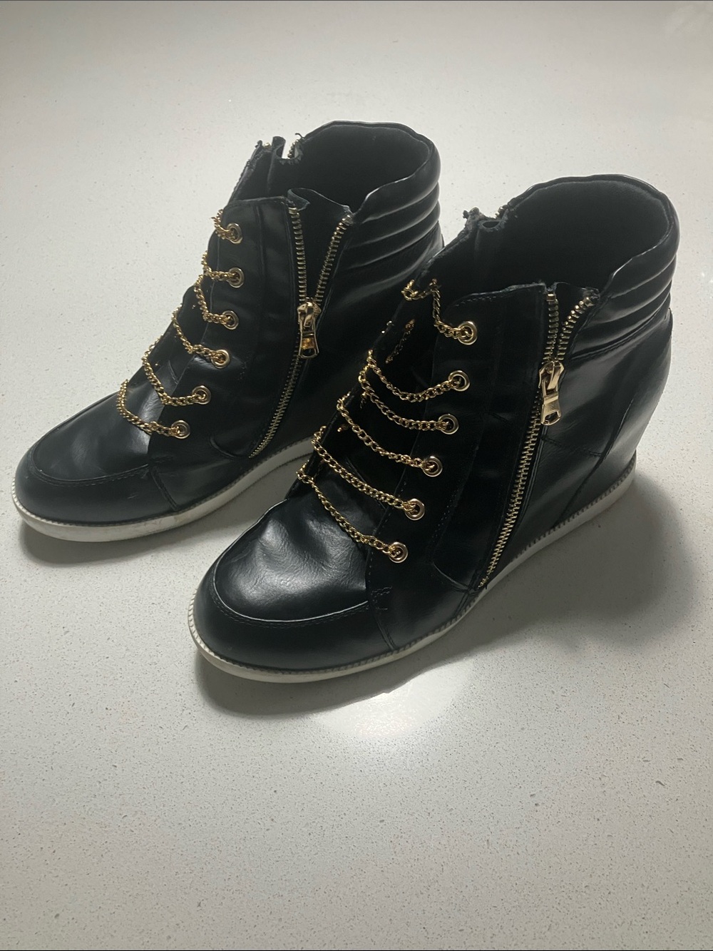 Shoe Dazzle Black Wedge Ankle Boots with Gold Chain Laces